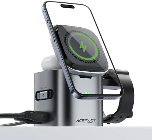 ACEFAST 6-in-1 80W Foldable GaN Wireless Fast Charging Station for iPhone 17/16/15 Series, Desktop Magnetic Wireless Charger Dock Station with USB C Rretractable Cable for AirPods 2/3/4/Pro 2/Pro 3