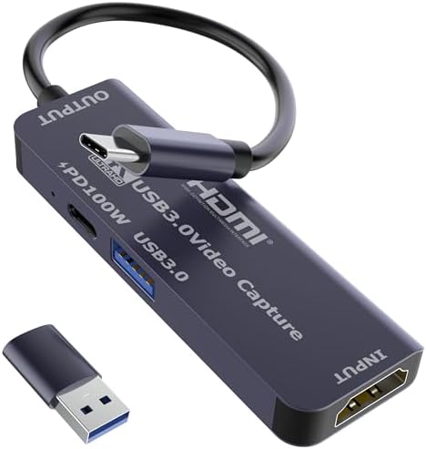 USB 3.0 Video Capture Card with PD 100W, Recording 4K, 1080P 60FPS, HDMI to USB-A/USB-C Capture Card with USB 3.0 Port for Quest 3, Switch, PS5/4, Camera, Xbox, Tablet PC