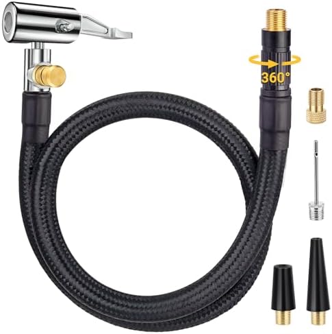 Upgraded Tire Inflator Hose Adapter w/360° Rotating End, 21'' Tire Inflation Hose w/Self-Locking Air Chuck for Quick Connect & Release, Presta Valve & Ball Needle for Tire Pump Portable Air Compressor