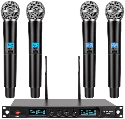 innopow 4-Channel Wireless Microphone System, Quad UHF Metal Cordless Mic, 4 Handheld Mics, Long Distance150-200Ft, Fixed Frequency, 16 Hours Use for Karaoke Singing, Church