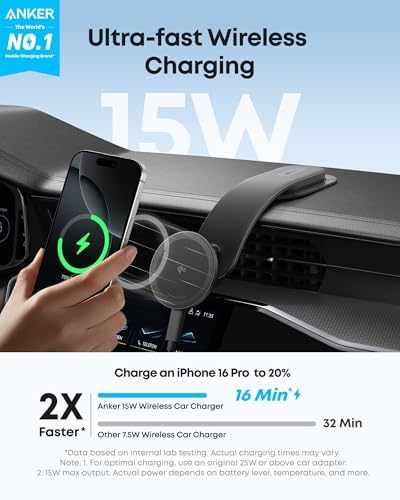 Anker Nano Magnetic 15W Car Charger with Alloy Bracket Wireless | Qi2-Certified 360-Degree Adjustable Mount with Detachable Pad, for iPhone 17 / 16 / 15 / 14 / 13 Series (Adapter Included)