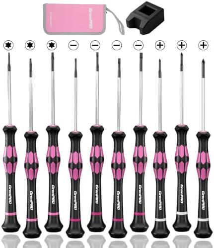 GRENPRO 10-Piece Precision Screwdriver Set, Magnetic Small Screwdrivers with Phillips, Slotted, Torx Star for Eyeglass, Watch, Computer, Laptop, Phone,Pink