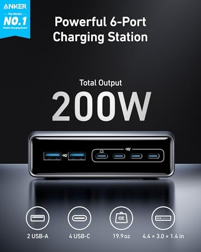 Anker Prime Charging Station, 200W 6-Port GaN Desktop Charger | Fast Charging USB C Charger for Multiple Devices, Compatible with iPhone, Galaxy, MacBook, Dell and More