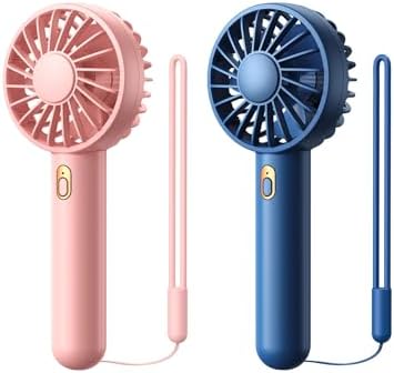 Warmco Mini Portable Fan 2-Pack - 3 Speed Rechargeable Handheld & Desk Fan with Base, Compact Cooling for Travel, Makeup, Summer Gift (Blue & Pink) | 2 Pack Blue Pink, 3 Speeds, Handheld Desk Use, Detachable Base, Summer Gift