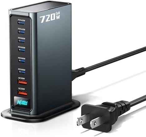 Rocoren 720W GaN Ⅲ 8‑Port Charging Station,Dual PD 140W Fast Charger Block