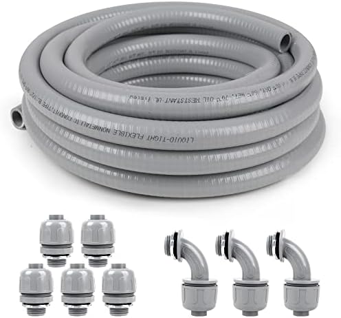 1/2inch 50ft Liquid-Tight Conduit and Connector Kit,Flexible Non Metallic Liquid Tight Electrical Conduit Kit with 5 Straight and 3 90-Degree Connector Fittings,1/2 in. Dia