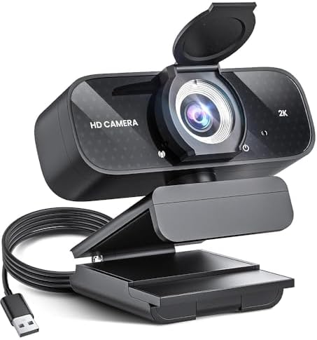 2K HD Webcam with Wide Angle Lens, Privacy Cover, Auto Light Correction and Noise-Canceling Mic, Plug & Play USB Camera for Desktop/Laptop/Mac/PC, Compatible with Teams/Zoom/Skype/Streaming Black