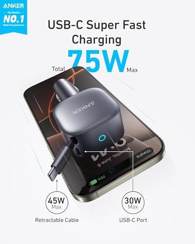 Anker 75W Fast Charging USB C Car Charger with Retractable Built-in Cable | Fast Power Adapter, Car Accessories for iPhone 17 / 16 Series, Galaxy S25 / S24, MacBook Pro / Air, iPad, and More