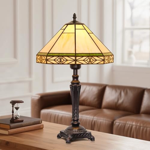 Table Lamp with Stained Glass Shade, Vintage Style Desk Lamp, Mid Century Modern Bedside Nightstand Decorative Lamps with Rocker Switch, Unique Accent Light for Bedroom Living Room Office (E26 Base)
