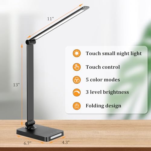 LED Desk Lamp with USB Ports,Touch Desk Lamps for Home Office with 5 Modes | 3 Brightness Desk Light with Small Night Light,Reading Lamp Table Lamp for Bedroom Bedside Study Black (with adapter)