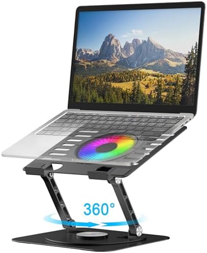 Laptop Stand,with 360°Rotating Base,External Cooling Fan,Adjustable RGB Lighting,Ergonomic Foldable Notebook Computer Holder.Compatible with All 10-17" Laptops Tablets,Black