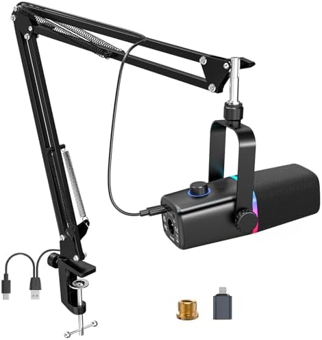ZealSound USB/XLR Dynamic Microphone with Boom Arm, Podcast Gaming Mic for PC, Mac, iPhone, USB-C & Lightning, RGB Light, Touch Mute, Gain Control, Headphone Monitoring for YouTube TikTok Streaming