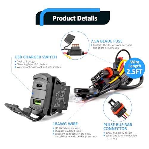 Wsays Dual USB Tpye C Rocker Plug & Play Switch Charger/Outlet 12v PD & QC 3.0 with LED Voltmeter Display Compatible with Polaris RZR Ranger General | Plug & Play Switch, 12v PD & QC 3.0 Dual Outlet with LED Voltmeter Display