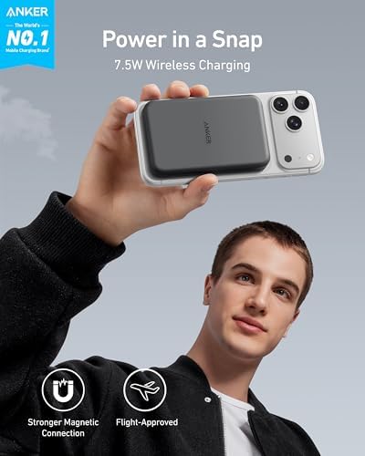 Anker 621 MagGo Power Bank, 5,000mAh Magnetic Portable Charger | Travel Essential Battery Pack with USB-C Cable, Compatible with iPhone 16 / 15 / 14 / 13 / 12 Series