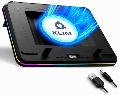 KLIM Turbofrost MAX Gaming Laptop Cooling Pad, Patented TurboFan XL | Smart Inlay for direct airflow, dual USB-C/DC power, 3 extra USB ports, up to 17.3in, LCD, RGB, Adjustable Speed