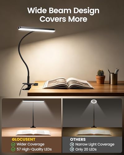 Glocusent 7W Clip on Light, 57 LED Reading Light for Bed, Amber Mode &Timer | 5 Brightness & 3 Colors for Bedside, 2.75" Clamp & 30Min Timer, USB Powered Clip on Lamp for Bunk/Headboard/Table/Work/Craft