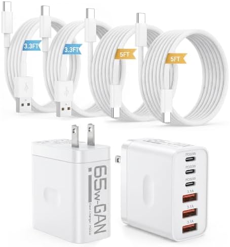 2 Pack 65W Multiport USB C Charging Block,6-Port Charger Station Wall Plug | PD QC 3.0 Fast Charging Power Adapter with Type C Usb A Cord,for iPhone 17 16 15 Samsgung Galaxy,Google Pixel,iPad,Air Pods