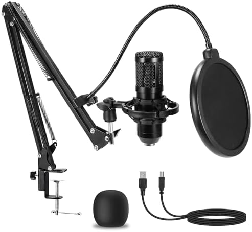 AMOOX Condenser Microphone,Professional USB Microphone Plug & Play PC Computer Microphone Condenser Cardioid Mic Kit with Adjustable Boom Arm Stand Shock Mount,for Podcast,Streaming,YouTube,Tiktok