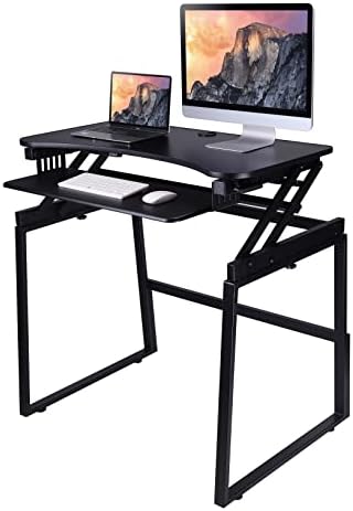 Rocelco 37.5" Height Adjustable Standing Desk Converter with Floor Stand BUNDLE - Slide Out Retractable Keyboard Tray - Sit Stand Up Dual Monitor Riser - Computer Workstation - Black (R DADRB-STFS)