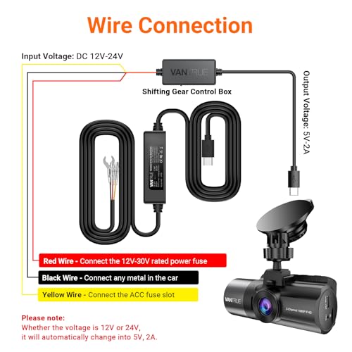 Vantrue 11.5ft USB-C Hardwire Kit, Compatible with All Vantrue Dashcams | 12V–24V to 5V, Hardwire Kit with Acc Functionality, Low Voltage Protection for Dash Cam, 24/7 Parking Mode for DashCam