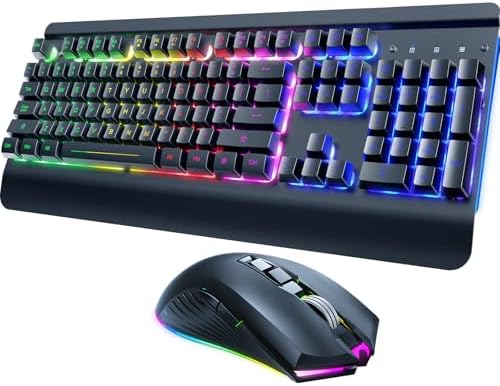 RisoPhy Wireless Gaming Keyboard and Mouse Combo, Metal Panel, 7 Color Backlits, Rechargeable 3200 mAh Battery, Wrist Rest, Sleep Mode, Light Up Keyboard + 7D 3200DPI Gaming Mice for PC Gamer