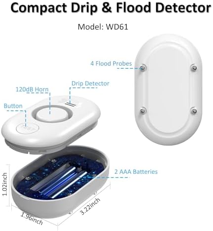 Water Leak Detector for Home, 100dB Water Sensor Alarm, Flood/Drip Leakage Detection Device for Pipe/Drain/Sink/Faucet, Floor Flooding in Basement/Bathroom/Kitchen/Toilet/Laundry Room