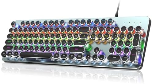 Typewriter Wired Mechanical Gaming Keyboard, Blue Switch LED Backlit | Metal Panel, Retro Punk Round Keycaps, 104 Keys Wired Keyboard for PC Laptop Mac Gamer, LED Rainbow Backlit,RisoPhy