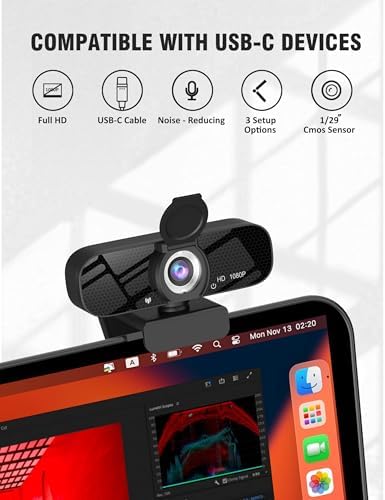 Gozvrpus USB HD Webcam with Built-in Microphone and Rotatable Tripod, 1080P Video, Wide Angle Camera, Privacy Cover, for Desktop PC or Laptop Computer(Black)