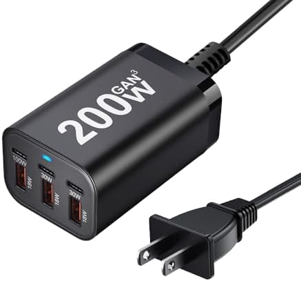 200W USB C Charger Block, 6 Port PD 100W 65W GaN Charger Station | Multi port USB C Charging Station for MacBook Pro/Air, iPad, iPhone, HP/DELL Laptop, Samsung Galaxy, Steam Deck, Pixelbook