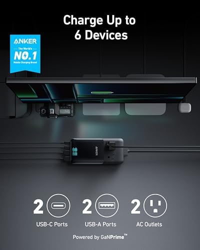 Anker Prime Charging Station, 140W 6-in-1 Travel Power Strip, 2 USB C | 2 AC, 2 USB A, 5ft Detachable Extension Cord with Multiple Outlets, Desk Accessories, Home Office (Non-Battery/Wireless)
