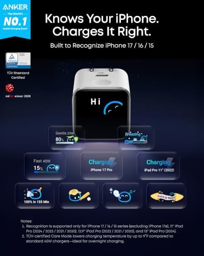 Anker Nano Smart Display Charger, 45W Max Fast Charger USB C for iPhone 17 | 180° Foldable Plug,Smart Recognition, Care Mode GaN USB C Charger Block for iPhone 17/16 (Non-Battery,1 USB-C Port,No Cable)
