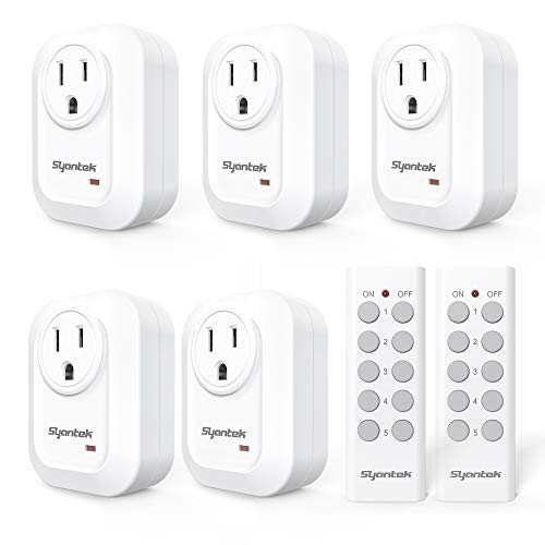 Syantek Upgraded Remote Control Outlet Wireless Light Switch for Household Appliances, Expandable Remote Light Switch Kit, Up to 100 ft Range, FCC Certified, ETL Listed, White (5 Outlets + 2 Remotes)