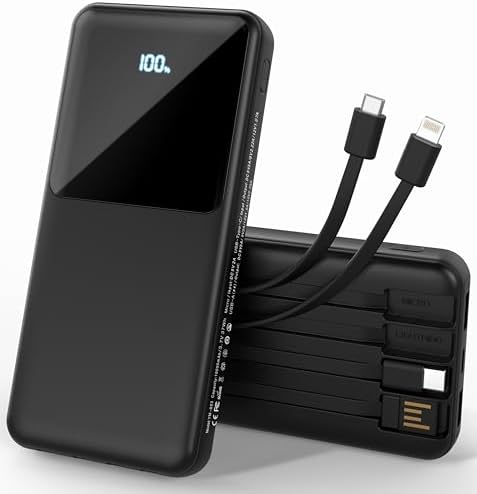Portable Charger with Built in Cables, Power Bank with Cords Wires, Slim 10000mAh Travel Battery Pack 6 Outputs 3 Inputs 3A Fast Charging for Samsung Google Pixel LG Moto iPhone iPad, 1 Pack