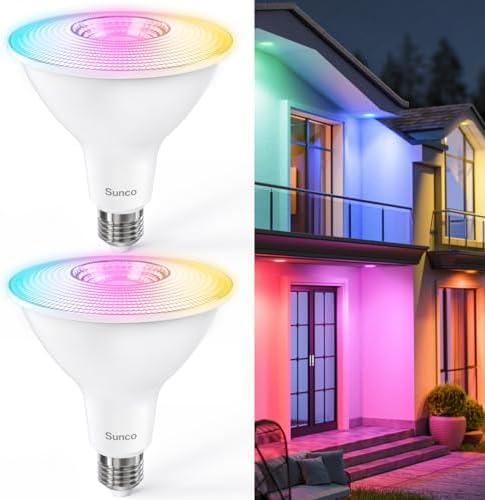 Sunco PAR38 Smart LED Flood Light Bulb, WiFi Color Changing, RGB Tunable White CCT, 13W, Dimmable, Works with Alexa & Google Home, No Hub Required, E26 Base, Outdoor for Backyard Porch Garage, 2 Pack