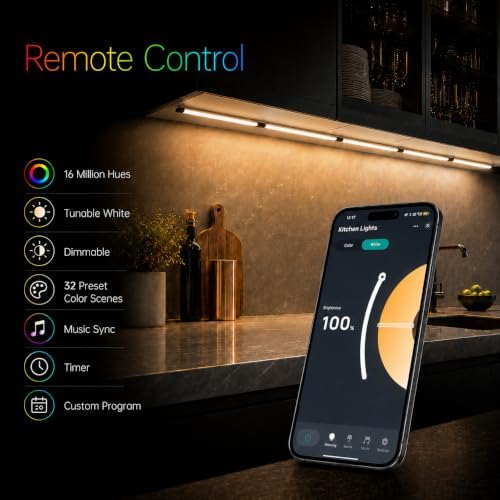 Plug in Under Cabinet Lighting Kit, Dimmable Kitchen Undercounter Lights, White & Color Ambiance Smart LED Bar Compatible with Alexa, Google Home. Under Counter Lights for Shelf, Sink, Desk, Closet.