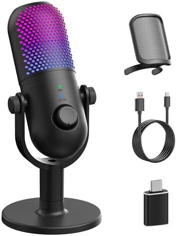 USB Microphone for PC Gaming: Condenser Microphone RGB for Gamer with Stand Mic - Recording Mic for Computer&Laptop with Qiuck Mute - Desk Podcast Mic for Podcast & Singing & Streaming & Youtube Black