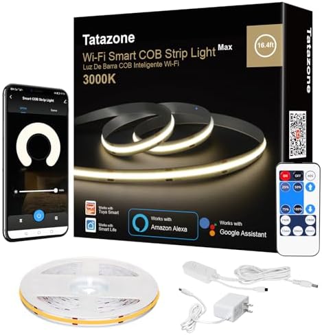 Tatazone Smart White COB Led Strip Light with App and Remote, 16.4ft 3000K Bright Warm White WiFi COB Light Strip Compatible with Alexa Google, Dimmable Indoor Led Lights for Mirror, Cabinet, Kitchen
