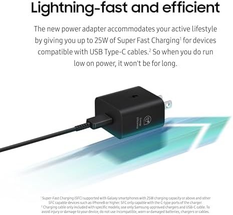 Samsung 25W Wall Charger Power Adapter, Cable Not Included, Super Fast Charging, Compact Design, Energy Efficient, Compatible with Galaxy and USB Type C Devices, Black