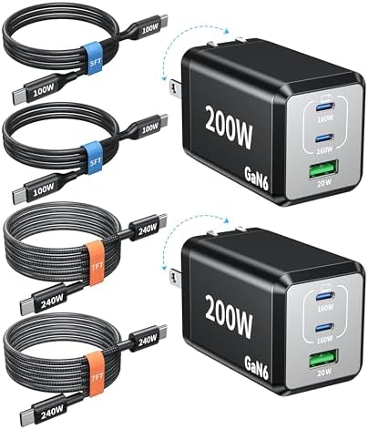 2 Pack 200W USB C Charger Block 3 Port 140W Compact Charging Station | Fast Chager 140W for MacBook Pro,iPhone 17/16/15 Series Samsung S26 iPad(Included 4 Pack 240W 7FT Cable)