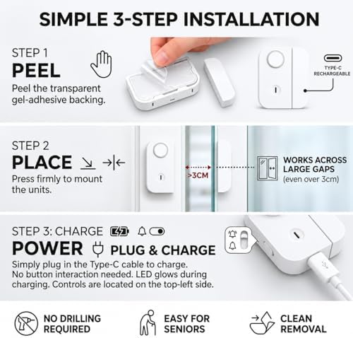 Premium Door Window Alarm with 130dB Siren & Blinding Strobe Light, Rechargeable Smart Dual-Mode Security Sensor for Travel, Hotel, & Home, Washable Nano-Adhesive Drill-Free Installation