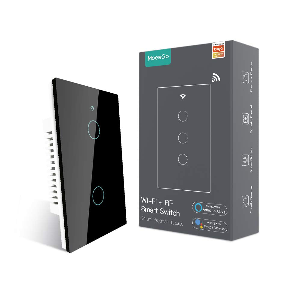 MoesGo 2nd Generation WiFi RF433 Smart Touch Wall Single Fire Smart Switch,No Neutral Wire Needed,Compatible with Smart Life/Tuya App, Works with Alexa and Google Home Single Pole 110V White 1 Gang
