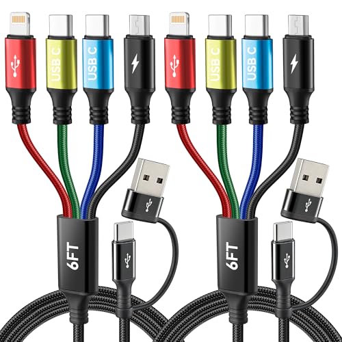 4 in 2 Multi Charging Cable,USB C Charging Cords for Multiple Devices | Dual USB-C Ports Phone Charger Cord, Universal Travel Car Charger Cable for iPhone 17-X, Androids, iPad, Kindle, Ps-2Pack 6Ft