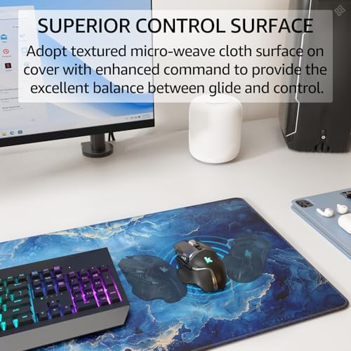 KTRIO Large Gaming Mouse Pad, Desk Mat, 31.5 x 11.8 in, Blue Marble, XL | Smooth Micro-Weave Surface, Artistic Pattern Design, Non-Slip Rubber Base, Durable Stitched Edges, Office & Home Use