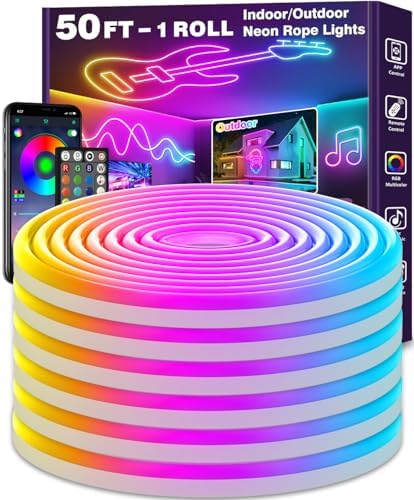 50Ft Neon Rope Lights,Flexible Led Rope Lights Control with App/Remote,Multiple Modes Rope Lights,IP65 Outdoor RGB Led Neon Lights Waterproof,Music Sync Gaming Led Neon Light Strip for Bedroom Decor