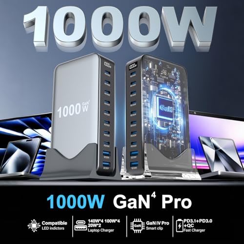 1000W USB C Fast Charger Block, 10 Port USB Charging Station, GaN Ⅳ Pro 140W PD PPS Port for Multiple Devices,Laptop Wall Charger Compatible with DELL, HP, MacBook Pro,iPhone17/16 pro,Galaxy S24.