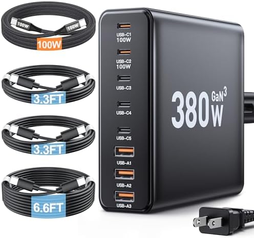 380W USB C Charger Block with 4 USB Cables Dual 100W Charging Station | 8-Port USB C Charging Station Laptop Charger Fast Type C Charging Block for MacBook Pro
