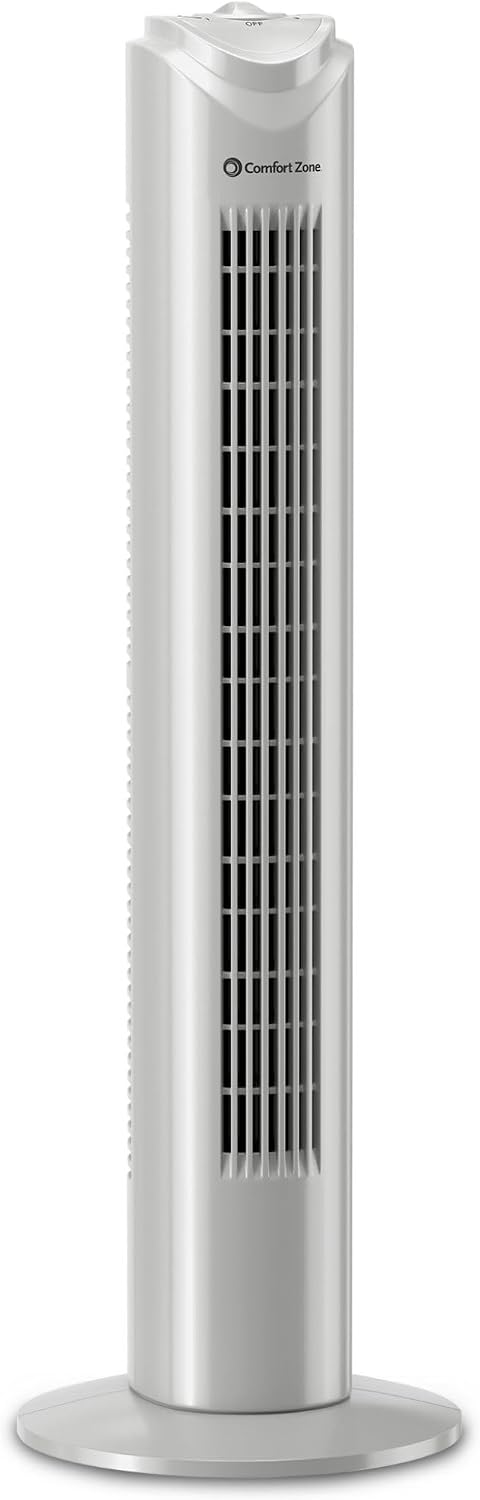 Comfort Zone 32-Inch Oscillating Tower Fan – Ultra-Slim Bladeless Design with 3 Speeds, 90° Wide Oscillation & Built-in Carry Handle – Quiet Portable Standing Fan for Bedroom, Home, or Office, White