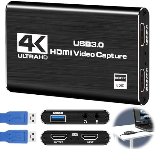 4K HDMI Video Capture Card for Streaming, 1080P 60FPS USB 3.0 Game Capture Device with Audio, Zero-Lag Capturadora De Video for Nintendo Switch PS5 Xbox PC OBS Live Recording