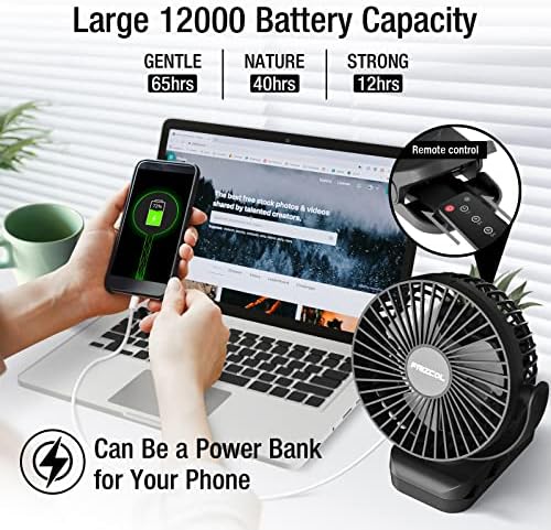 Clip on Fan, 65Hours Portable Rechargeable Fan with LED Lights/Remote/Hooks | 12000mAh Battery Powered Fan with Strong Clamp, Small Desk Fan Mini Fans for Tents Travel Outdoor Camping Golf Cart, Black
