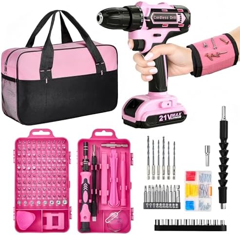 Pink Cordless Drill Set 202 Pcs, 21V Pink Power Drill Tool Set Kit with Storage Bag, Electric Drill Set for Women, Precision Screwdriver set, Magnetic Wristband, for Home DIY Projects